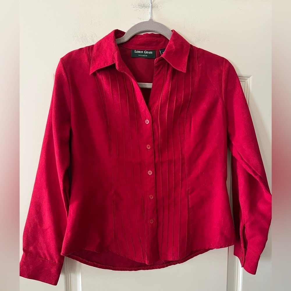 Lemon Grass Studio Vibrant Red Velvety Button Down Shirt Women’s Size Small
